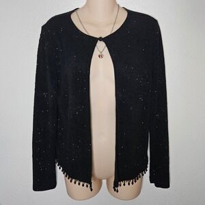 MSK Black Sparkle Cardigan Beaded Fringe Open Front